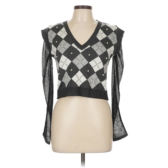 Abel The Label Sweaters - Theo The Label Nomia Plaid Pearly V-neck‎ Sweater Sz Large Argyle Y2K Aesthetic